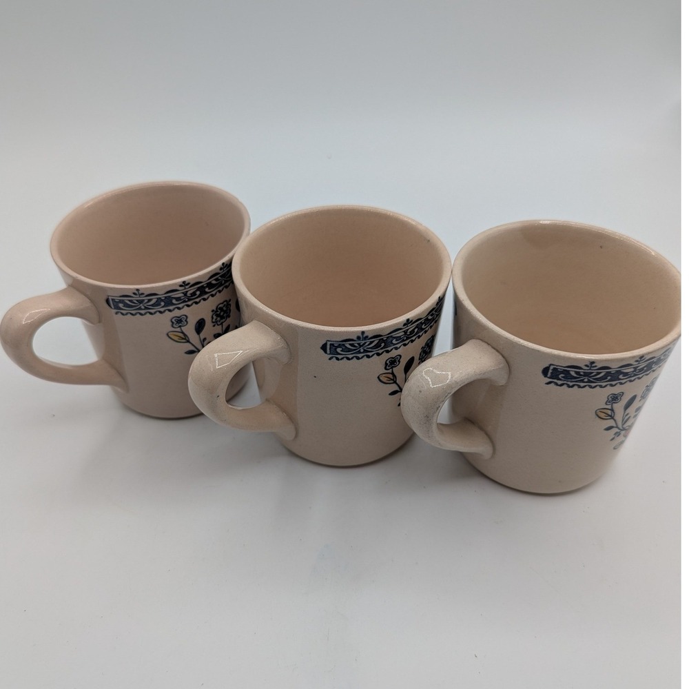 Vintage Made in England Dutch Folk Art Stoneware Mugs Set of 3 Tan Navy Blue